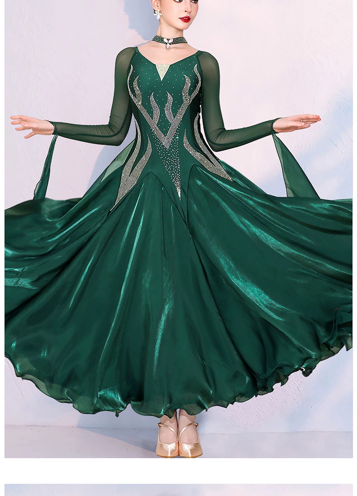 Women Dark Green Ballroom Dance Dress - Silver Rhinestone Waltz Foxtrot Gown