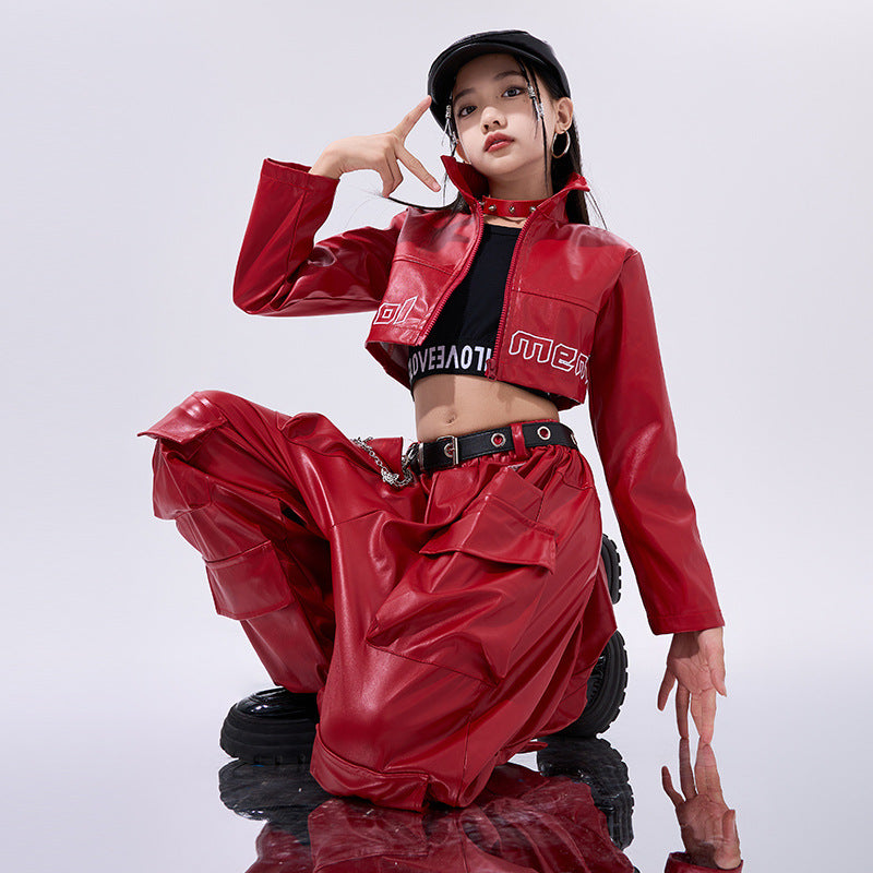 Girls Hiphop Dance Costumes for Kids Children Red Pu Leather Punk Rock Jazz Dance Wear Model Show Street Catwalk Dance Outfits