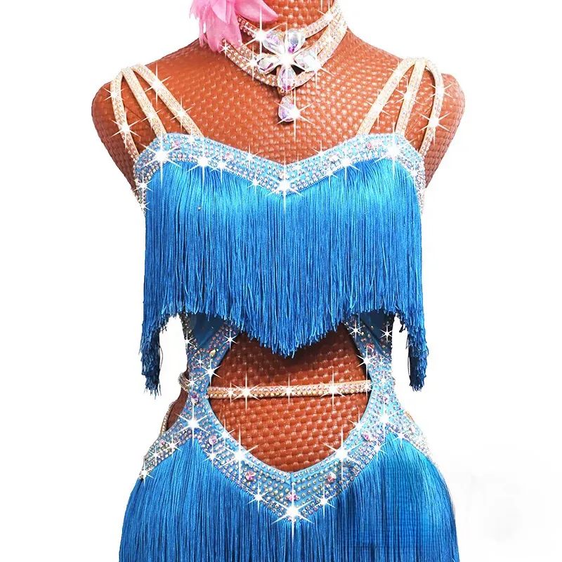 Ladies blue tassel professional Latin dance dresses for women girls competition salsa rumba chacha solo dance diamond skirt - Moderndancedress.com