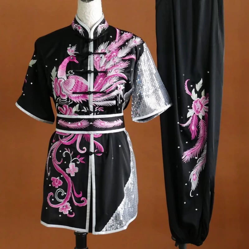 Customized size Embroidered Phoenix Competition Chinese Kungfu uniforms wushu performance Taichi clothing Changquan Nanquan Suit for adult kids - Moderndancedress.com