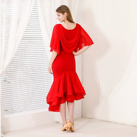 Long Latin Dance Dress for Women Red Modern Ruffles Sleeves Ballroom Dance Costume Waltz Tango Performance Clothes for Female - Moderndancedress.com