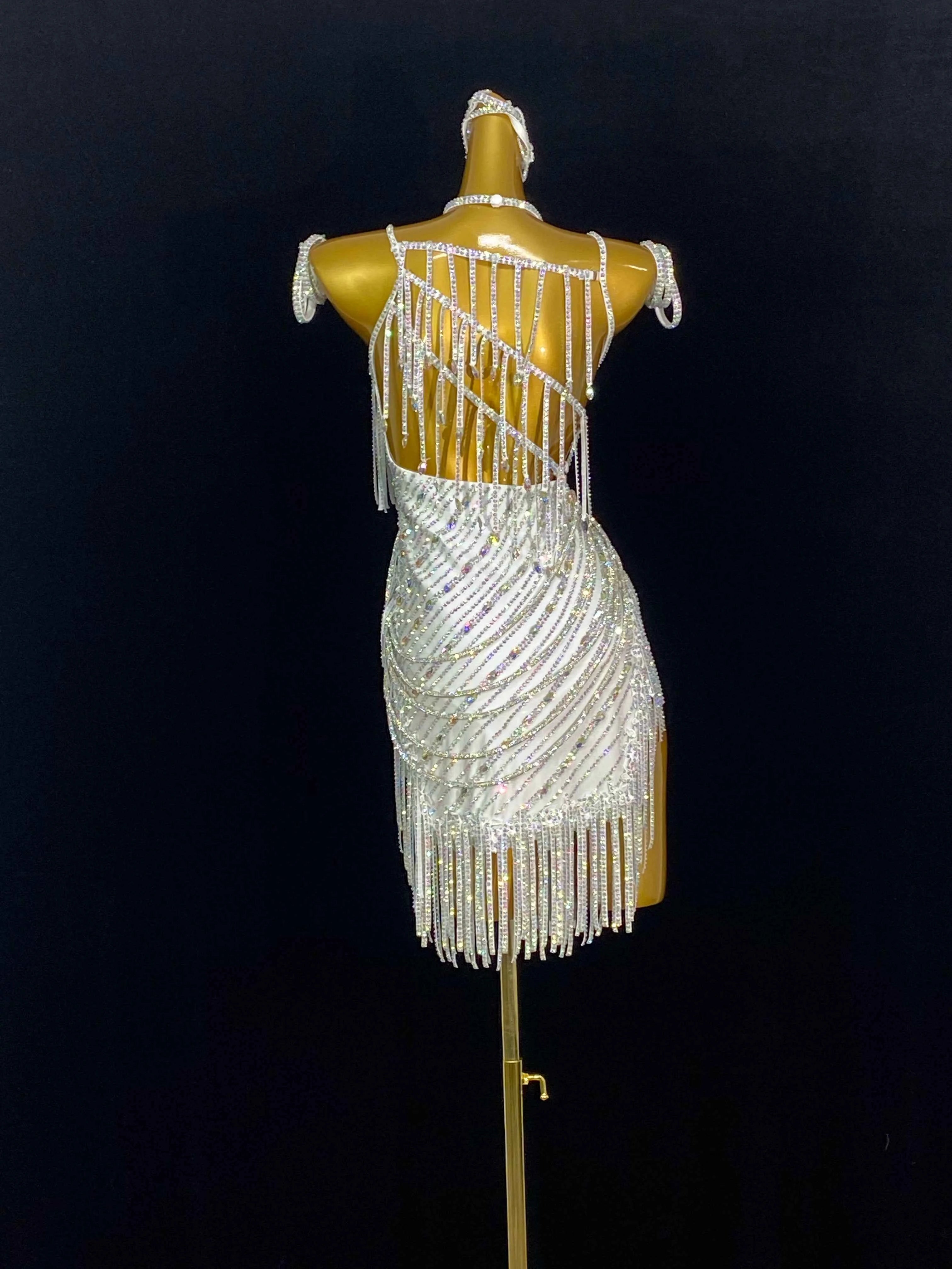 Custom Size Gold Competition Latin Dance Dresses Purple White Gemstones Fringe Salsa Chacha Dance Costumes