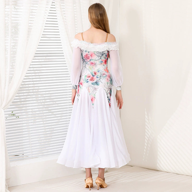 White Floral Ballroom Dance Dresses for Women Girls Waltz Tango Flamenco Dew Shoulder Dancing Long Gown for Female - Moderndancedress.com