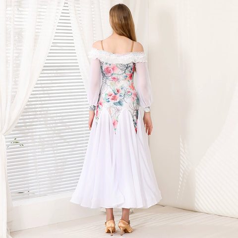 White Floral Ballroom Dance Dresses for Women Girls Waltz Tango Flamenco Dew Shoulder Dancing Long Gown for Female - Moderndancedress.com