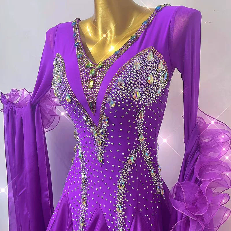 Custom Purple Ballroom Dance Competition Dress with Crystals Waltz Smooth Dance Gown