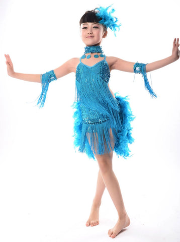 Girls sequin tassels Latin Dance Dresses Children's feather Latin skirt performance clothes girls' sequins fringe Latin dance competition performance clothes