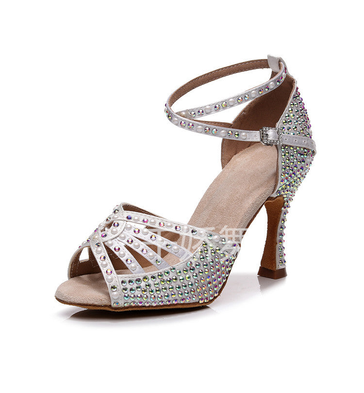 Women's Rhinestones Latin Dance Shoes Flesh white Cha Cha Salsa Tango High Heels Ballroom Dancing Shoes Soft-soled Sandals - Moderndancedress.com