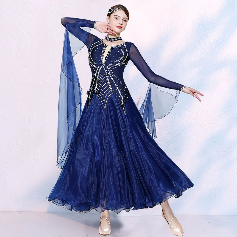 Navy Fuchsia Crystal Ballroom Dance Dresses for Women Girls Waltz Tango Competition Smooth Rhythm Dance Long Gown - Moderndancedress.com