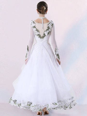 Women's Competition ballroom dance dresses for girls white pink blue waltz tango foxtrot rhythm moving dance long gown with float sleeves - Moderndancedress.com