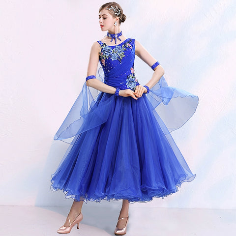 Modern ballroom competition dance dresses for women girls pink blue yellow big swing skirt national tango foxtrot waltz performance clothes - Moderndancedress.com