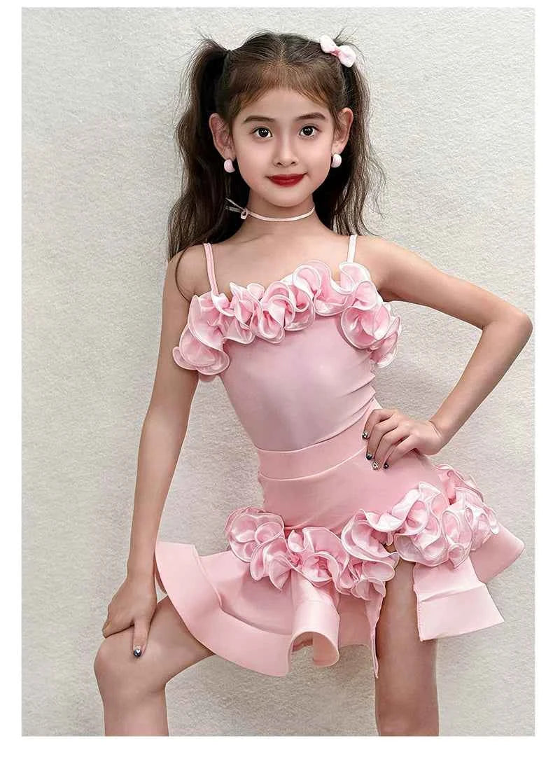 Pink Ruffles Neck Latin Dance Dress for Girls Salsa Chacha Dance Wear