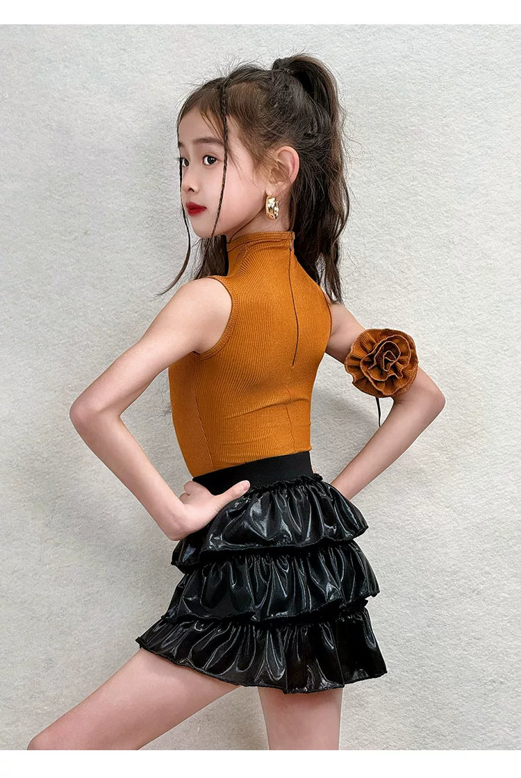 Girls Latin Dance Dress | Kids Mustard Yellow Mock Neck Salsa Chacha Set