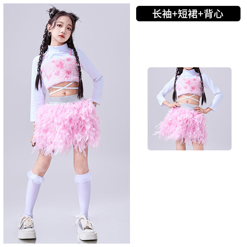 Girls Hiphop Dance Costumes Pink Feather Kids Jazz Gogo Rapper Singers Street Dance Suit Walk Show Outfits
