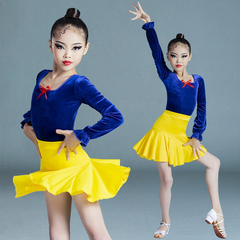 Girls Blue Yellow Velvet Latin Dance Dresses Kids Children Pink Salsa Chacha Rumba Practice Clothes Modern Dance Outfits - Moderndancedress.com