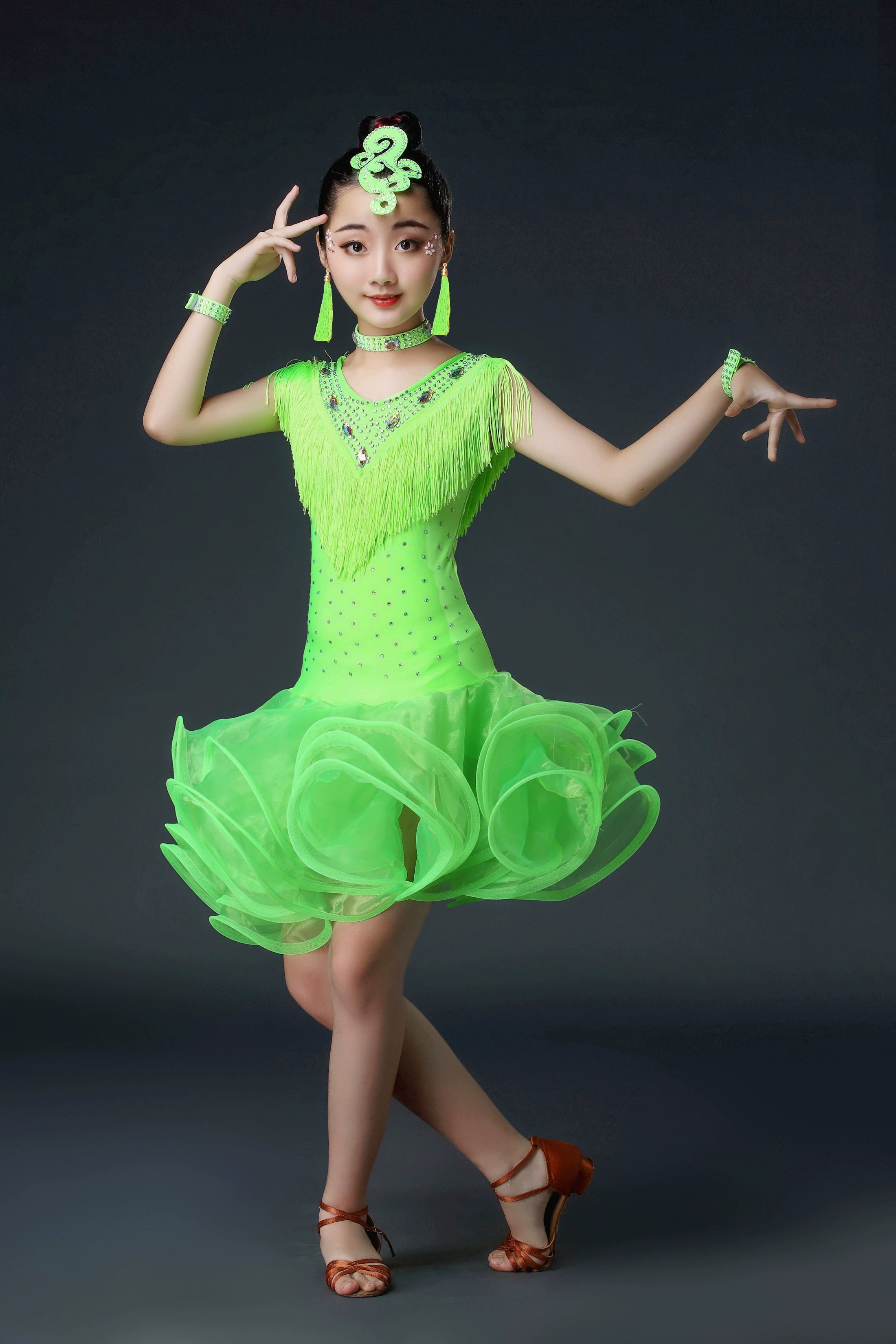 Kids Girls Competition Tassel Latin Dance Dresses Orange Red White Green Salsa Chacha Latin Party Performance Costume - Moderndancedress.com
