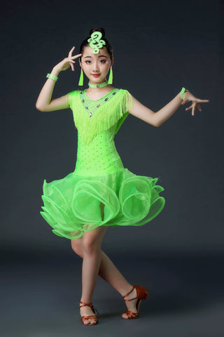 Kids Girls Competition Tassel Latin Dance Dresses Orange Red White Green Salsa Chacha Latin Party Performance Costume - Moderndancedress.com