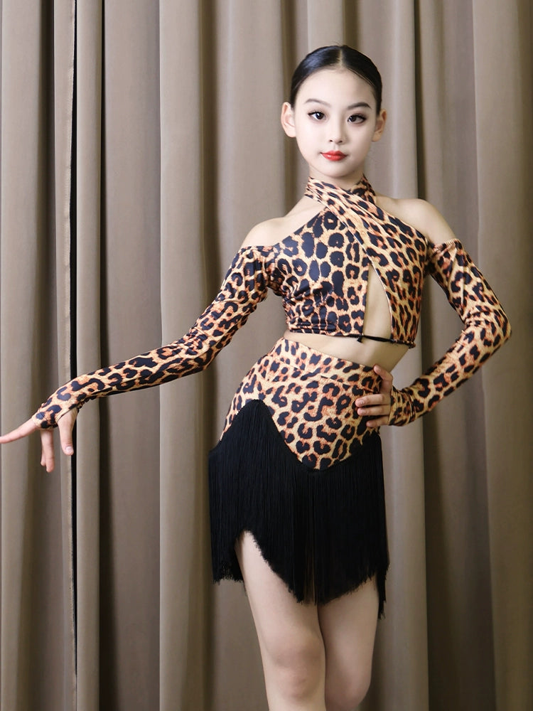 Leopard Print Tassel Latin Dance Dress for Girls Halter Neck Dew Shoulder Children's Fringe Salsa Chacha Performance Outfits for Kids - Moderndancedress.com