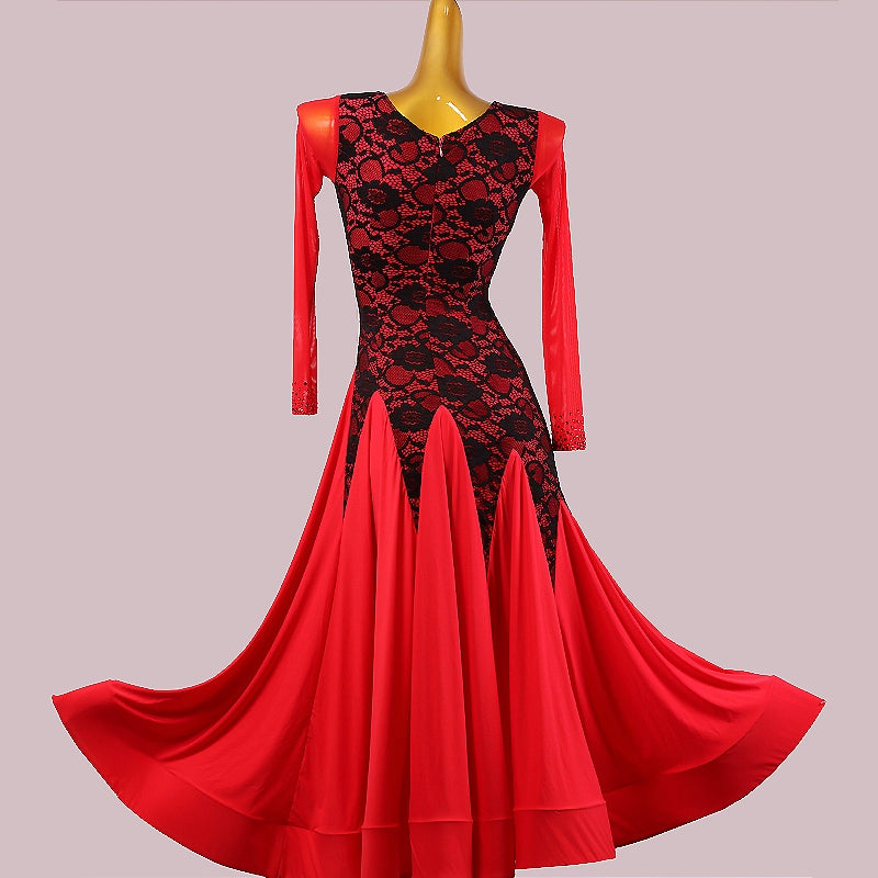 Custom Size Red Lace Competition Ballroom Dance Dresses for Women Waltz Tango Foxtrot Rhythm Dance Long Gown
