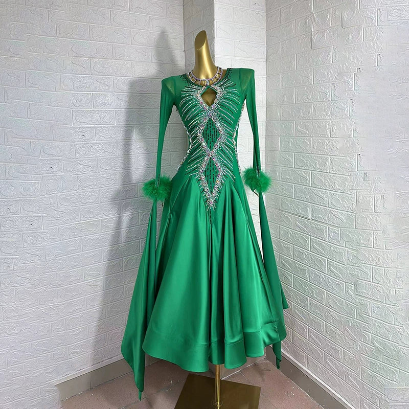 Custom Size Green Pearl Satin  Competition Ballroom Dance Dresses for Women Girls Waltz Tango Smooth Dance Long Gown - Moderndancedress.com