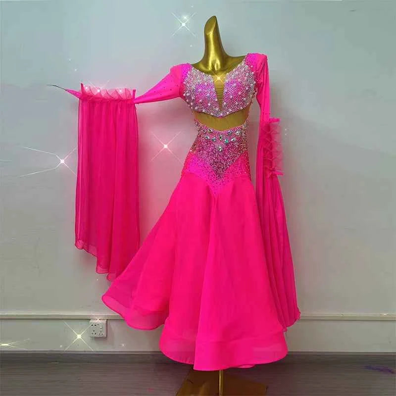 Custom Size Fuchsia Rhinestones Competition Ballroom Dance Dress Waltz Tango Dancing Gown