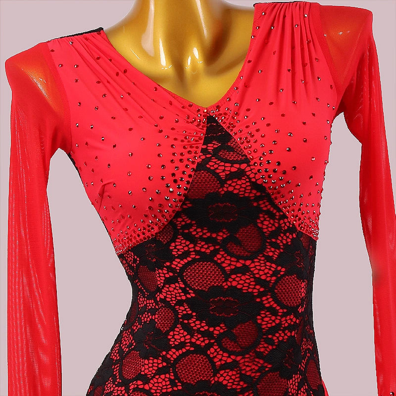 Custom Size Red Lace Competition Ballroom Dance Dresses for Women Waltz Tango Foxtrot Rhythm Dance Long Gown