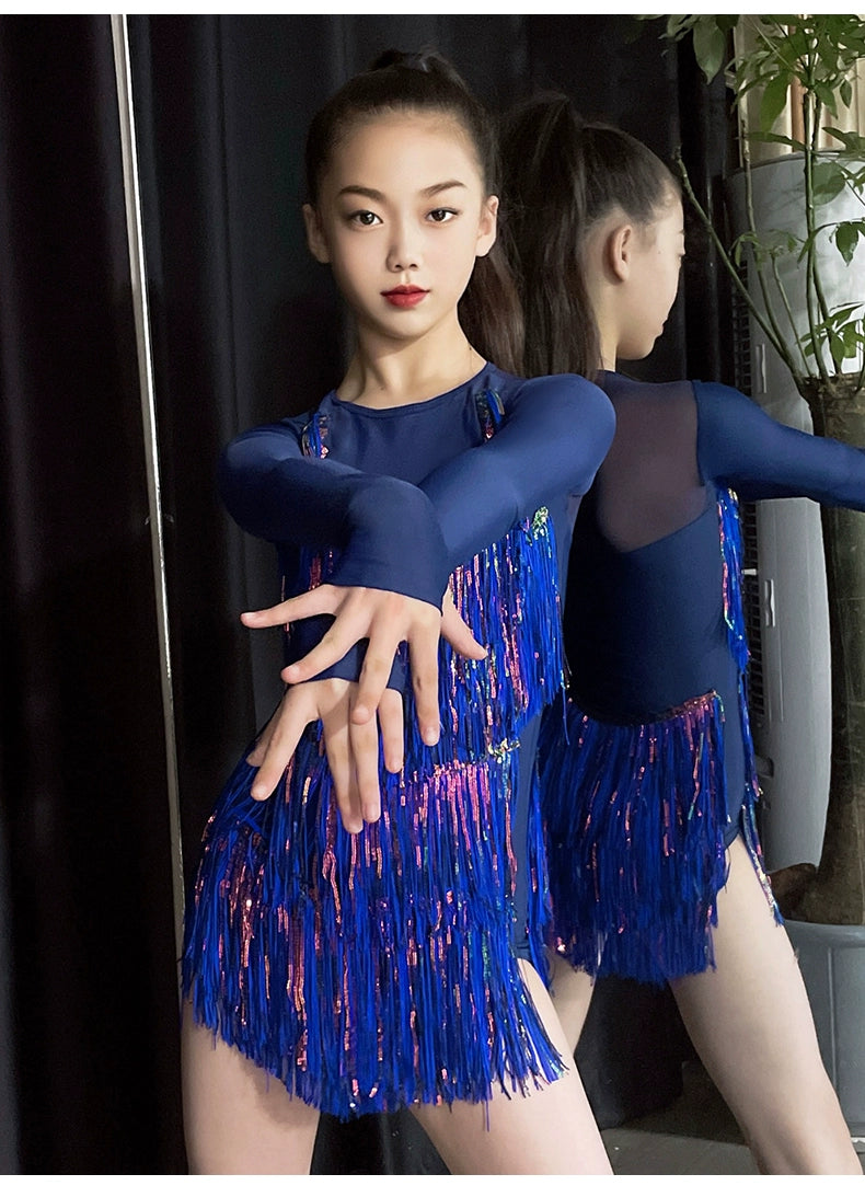Girls Latin Dance Dresses Kids Blue Sequins Tassel Latin Salsa Rumba Ballroom Performance Costumes