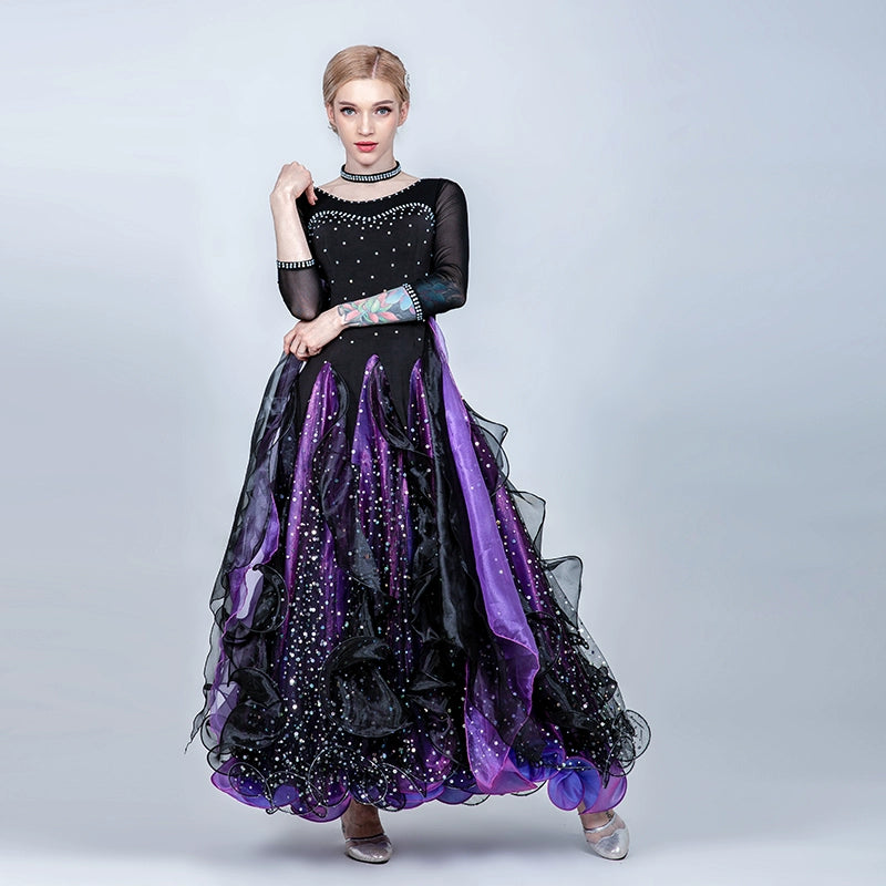 Blue pink Competition bling ballroom dance dresses for women girls waltz tango smooth ballroom dance big swing skirt for lady - Moderndancedress.com