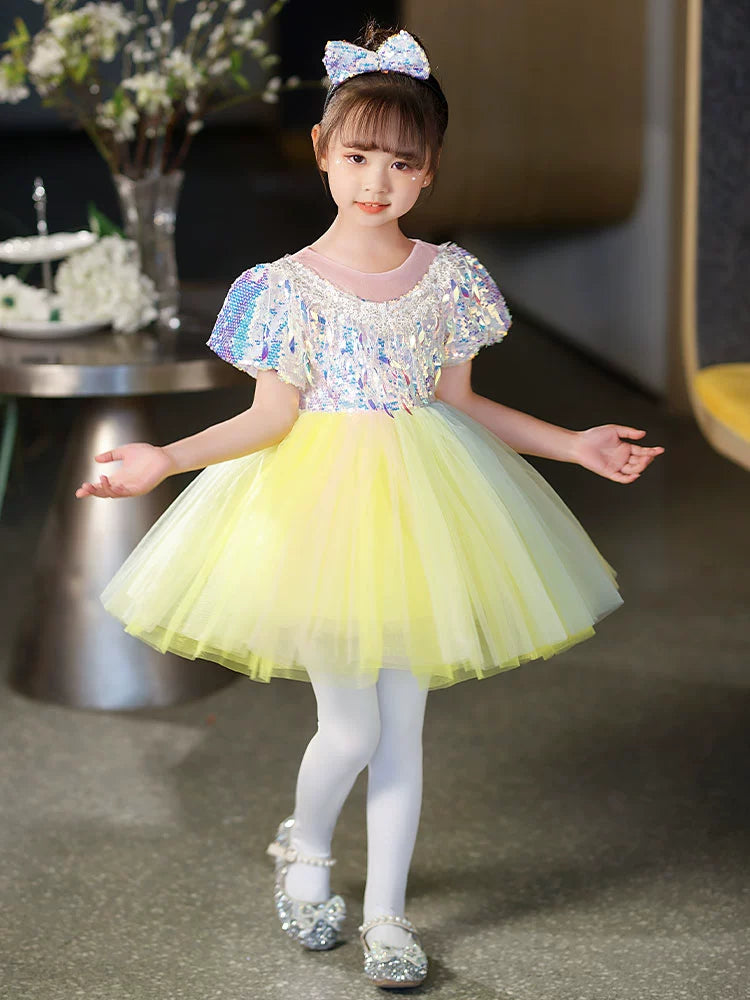 Children's yellow sequin tutu skirt jazz dance dresses boys girls school choir stage performance outfits kindergarten phtos shooting clothes - Moderndancedress.com