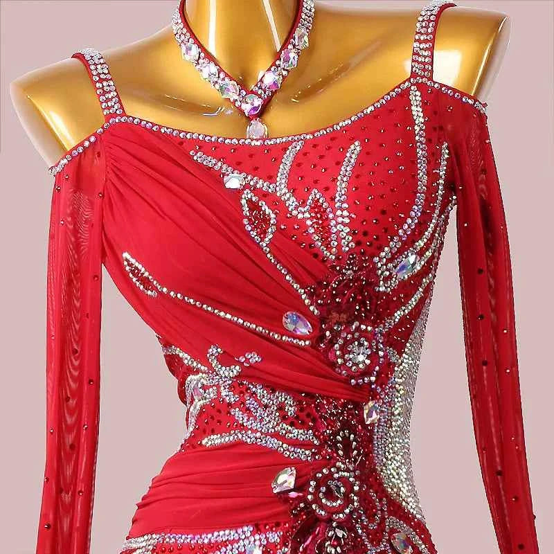 Custom Size Wine Rhinestones Ballroom Dance Dresses Dew Shoulder Long Sleeve