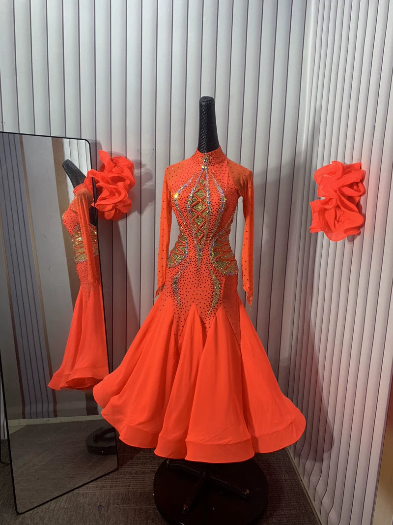 Custom Orange Gold Crystal Ballroom Dance Dress Competition Gown
