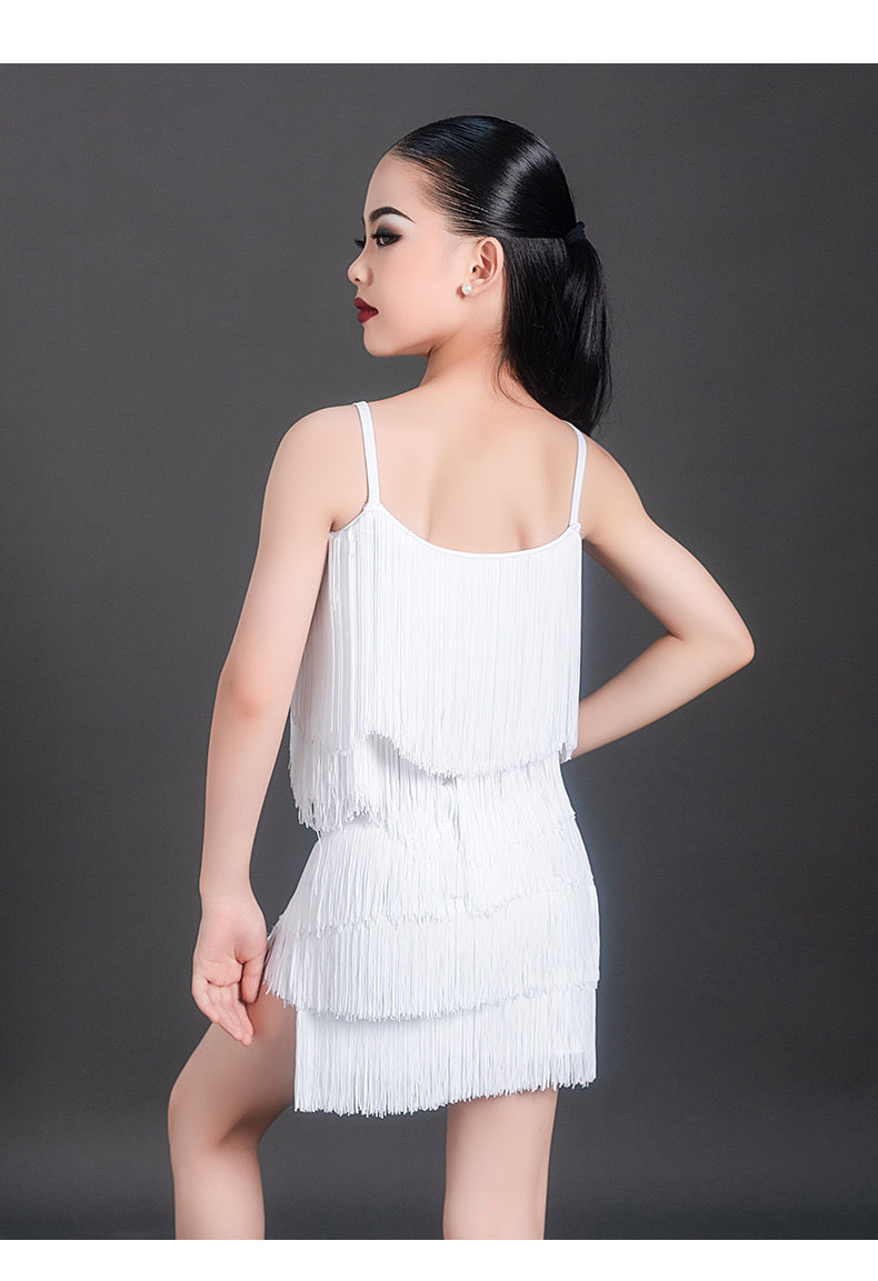 Wine White Fringe Competition Latin Dance Dresses for Girls Kids Salsa Rumba Chacha Performance Dance Outfits - Moderndancedress.com