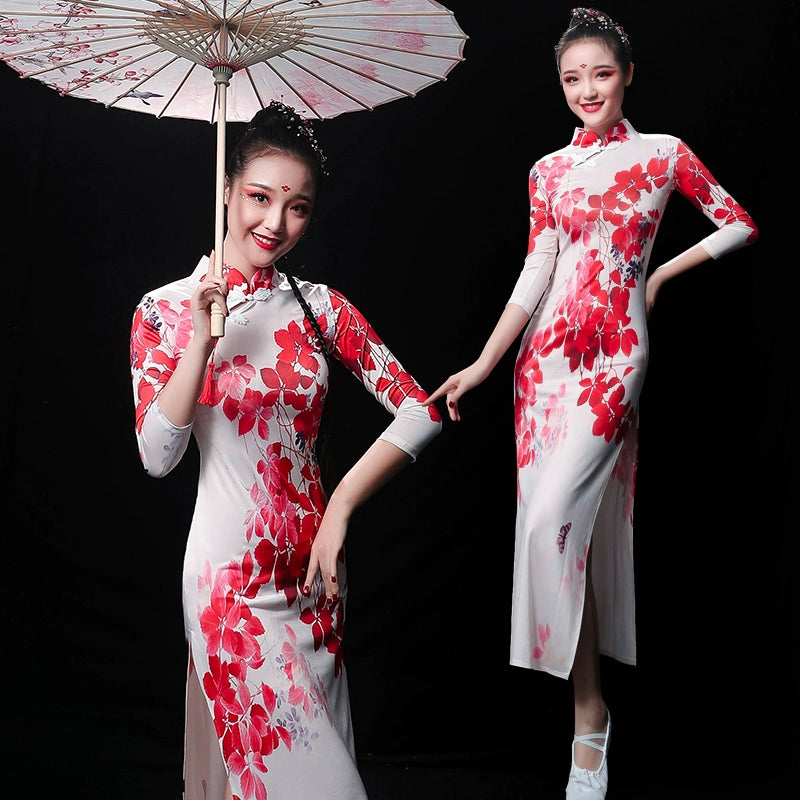 Chinese Folk Dance Costume Classical Dance Costume Female Chinese Style Nationality Modern Cheongsam Umbrella Dance Fan Dance Costume Adult - 