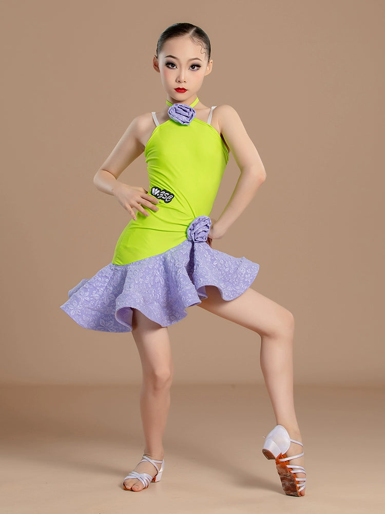 Latin dance dresses for girls kids green purple ballroom salsa performance outfits for children's suspender dance training clothes - Moderndancedress.com