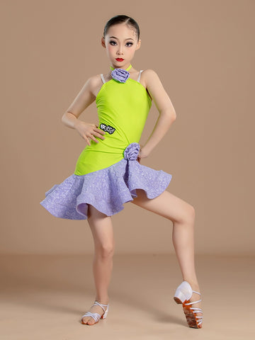Latin dance dresses for girls kids green purple ballroom salsa performance outfits for children's suspender dance training clothes - Moderndancedress.com