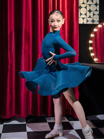 Children's blue pink Latin Dance Costume High Neck Long Sleeve Ultra-Thin Velvet latin ballroom salsa dance dresses for Exam Competition - Moderndancedress.com