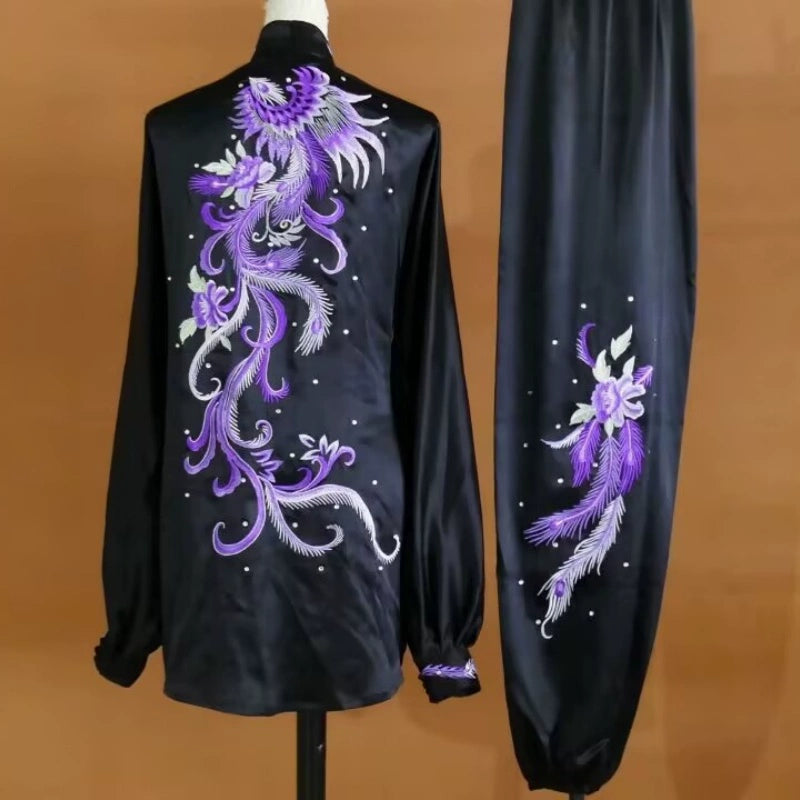 Custom Size Tai Chi Clothing Dark Green Embroidered Phoenix Wushu Martial Arts Kunfu Group Performance Uniforms - Moderndancedress.com