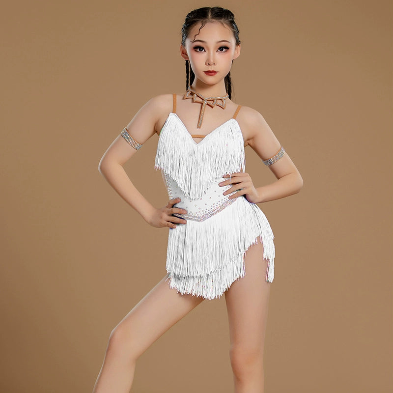 Custom Size Girls Latin Dance Dresses Wine Blue White Fringe Competition Salsa Chacha Latin Dance Costume