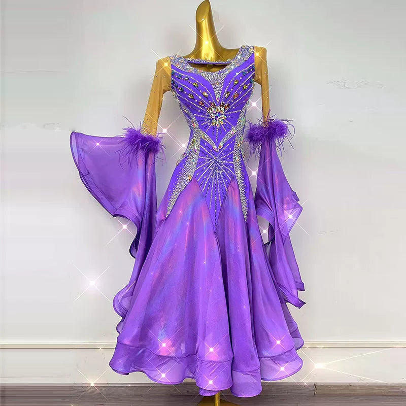 Customized Violet Gemstones Competition Ballroom Dance Dress for Women Waltz Tango Foxtrot Dancing Gown