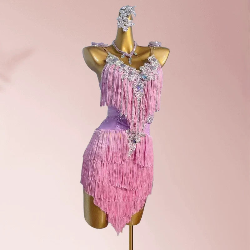 Customized size Yellow blue pink tassels Latin dance competition dressses  for adult kids professional solo flower dance bling clothes - Moderndancedress.com