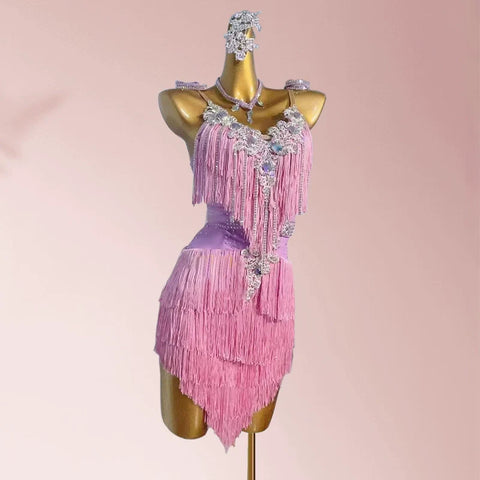 Customized size Yellow blue pink tassels Latin dance competition dressses  for adult kids professional solo flower dance bling clothes - Moderndancedress.com