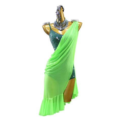 One Shoulder Neon Green Gemstones Latin Dance Competition Dresses for Women Girls Salsa Rumaba Chacha Latin Performance Costumes - Moderndancedress.com