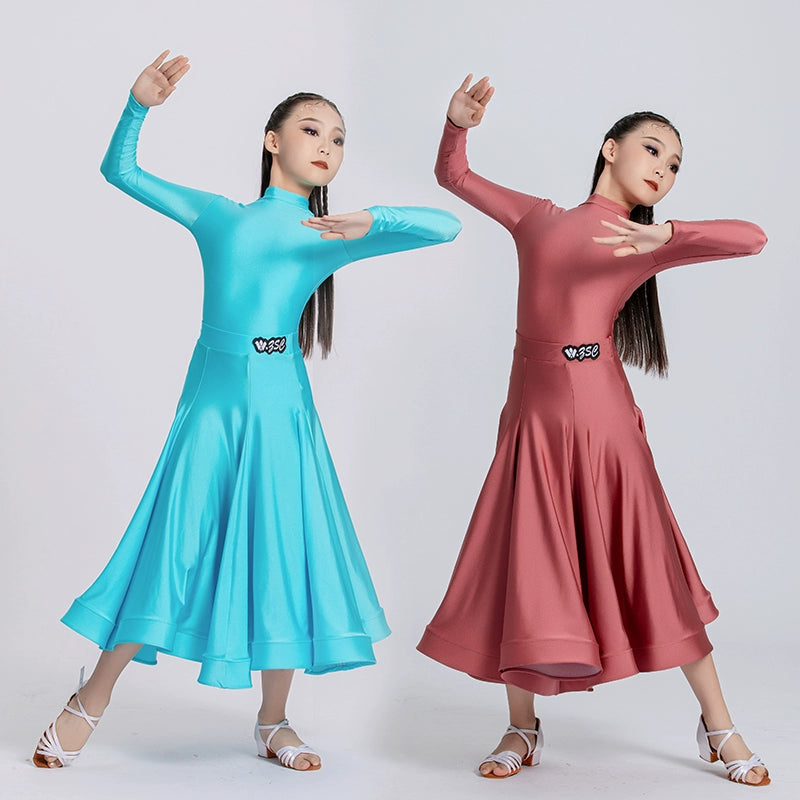 Blue Red Ballroom Dance Dresses for Girls Kids Long-sleeved  Latin Tango Waltz Juvenile Performance Long Gown Art Test Performance Skirts - Moderndancedress.com