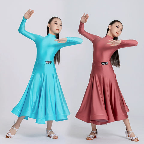 Blue Red Ballroom Dance Dresses for Girls Kids Long-sleeved  Latin Tango Waltz Juvenile Performance Long Gown Art Test Performance Skirts - Moderndancedress.com