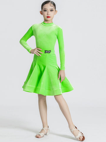 Girls kids Latin dance dresses green pink white black velvet high neck Latin ballroom dance costumes salsa chacha dance outfits - Moderndancedress.com