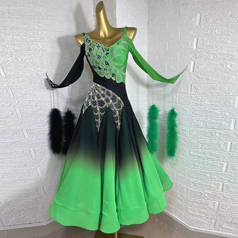 Custom Size Competition Ballroom Dance Dress Spaghetti Strap Leaf Crystal Applique Green Flowy Waltz Tango Gown