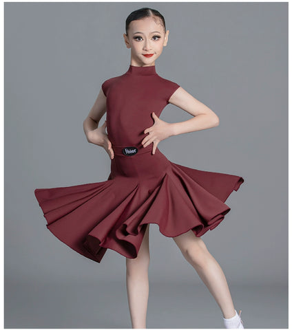 Latin Dance dresses for kids Girls green wine Competition Short Sleeve International modern Dance Standard Suit for children - Moderndancedress.com