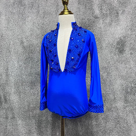Custom Size Royal Blue Competition Latin Ballroom Dance Shrits for Boys Kids Children Salsa Waltz Latin Performance Gemstones Top - Moderndancedress.com