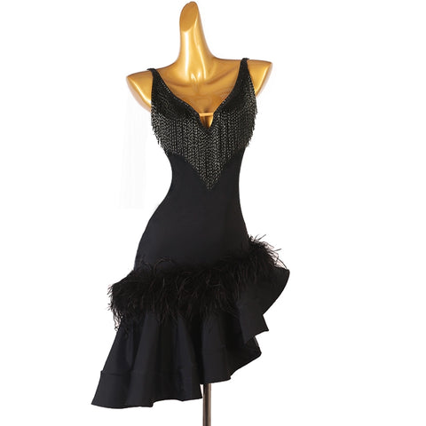Black Diamond Feather Latin Dance Dresses for Women Girls Salsa Rumba Chacha Performance Competition Costume Sleeveless - Moderndancedress.com