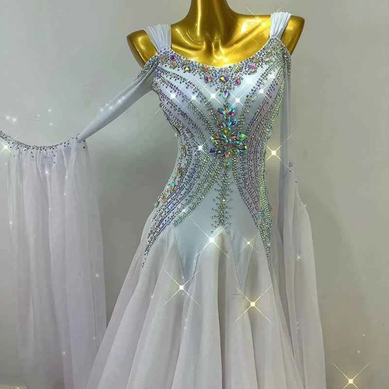 Custom Size Diamond White Competition Ballroom Dance Dresses for Women Girla Waltz Tango Performance Long Gown