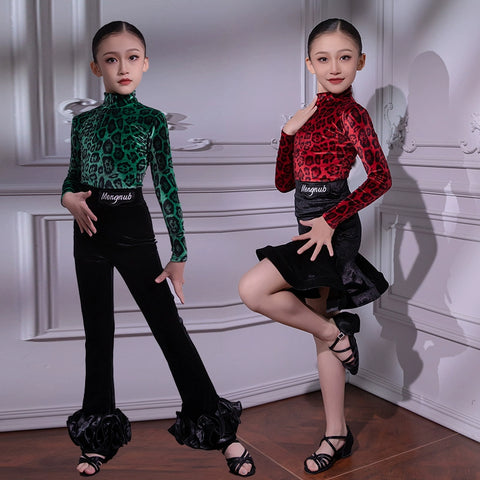 Children's Green Red Leopard Velvet Latin Dance Dresses for Girls Juvenile Salsa Rumba Chacha Ballroom Dancing Costumes for Kids